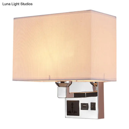 DecorBites™ Simple Single White/Flaxen Fabric Rectangle Wall Light with USB Charging Port and 3-Hole Socket