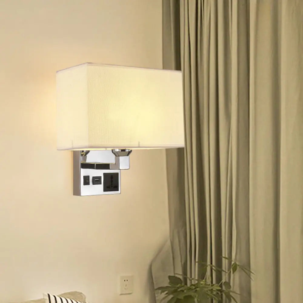 DecorBites™ Simple Single White/Flaxen Fabric Rectangle Wall Light with USB Charging Port and 3-Hole Socket