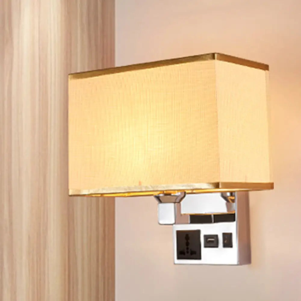 DecorBites™ Simple Single White/Flaxen Fabric Rectangle Wall Light with USB Charging Port and 3-Hole Socket