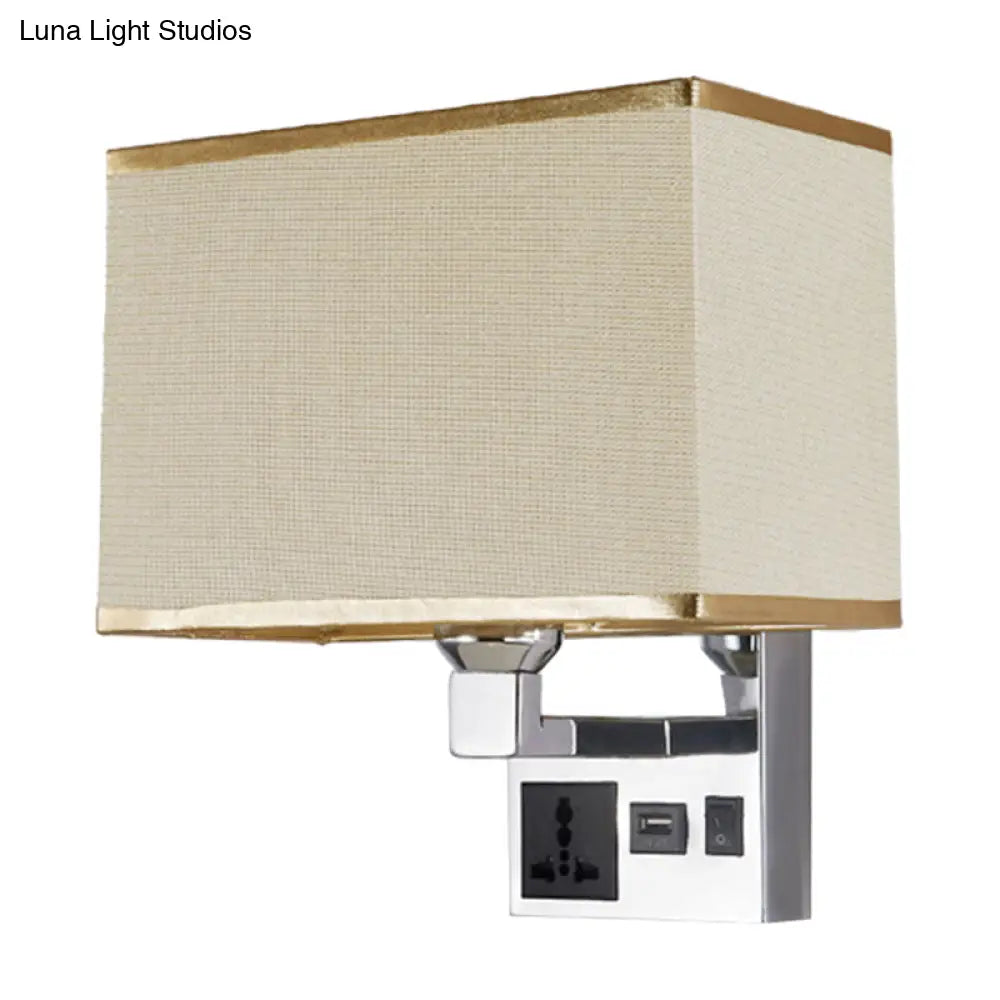 DecorBites™ Simple Single White/Flaxen Fabric Rectangle Wall Light with USB Charging Port and 3-Hole Socket