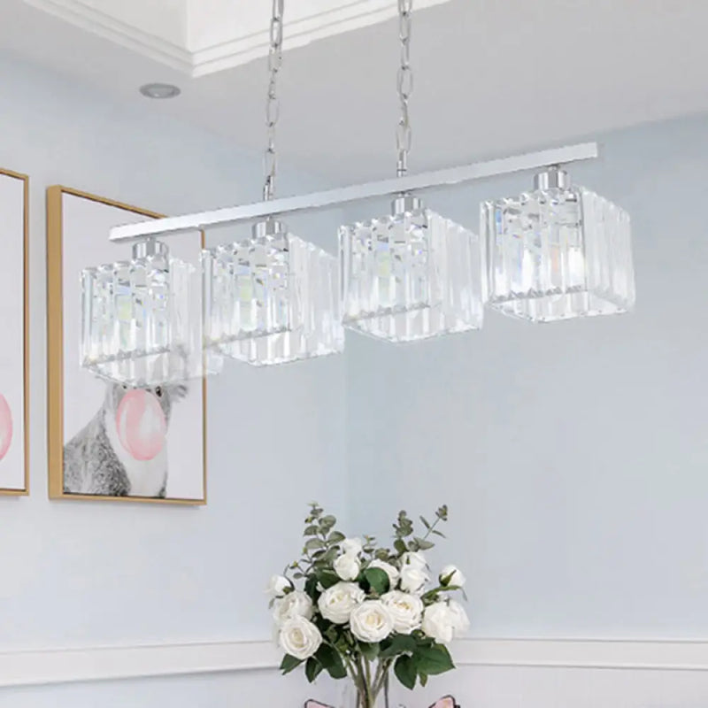 DecorBites™ Simple Style Crystal Block Hanging Lamp Kit - 4-Light Chrome Island Fixture
