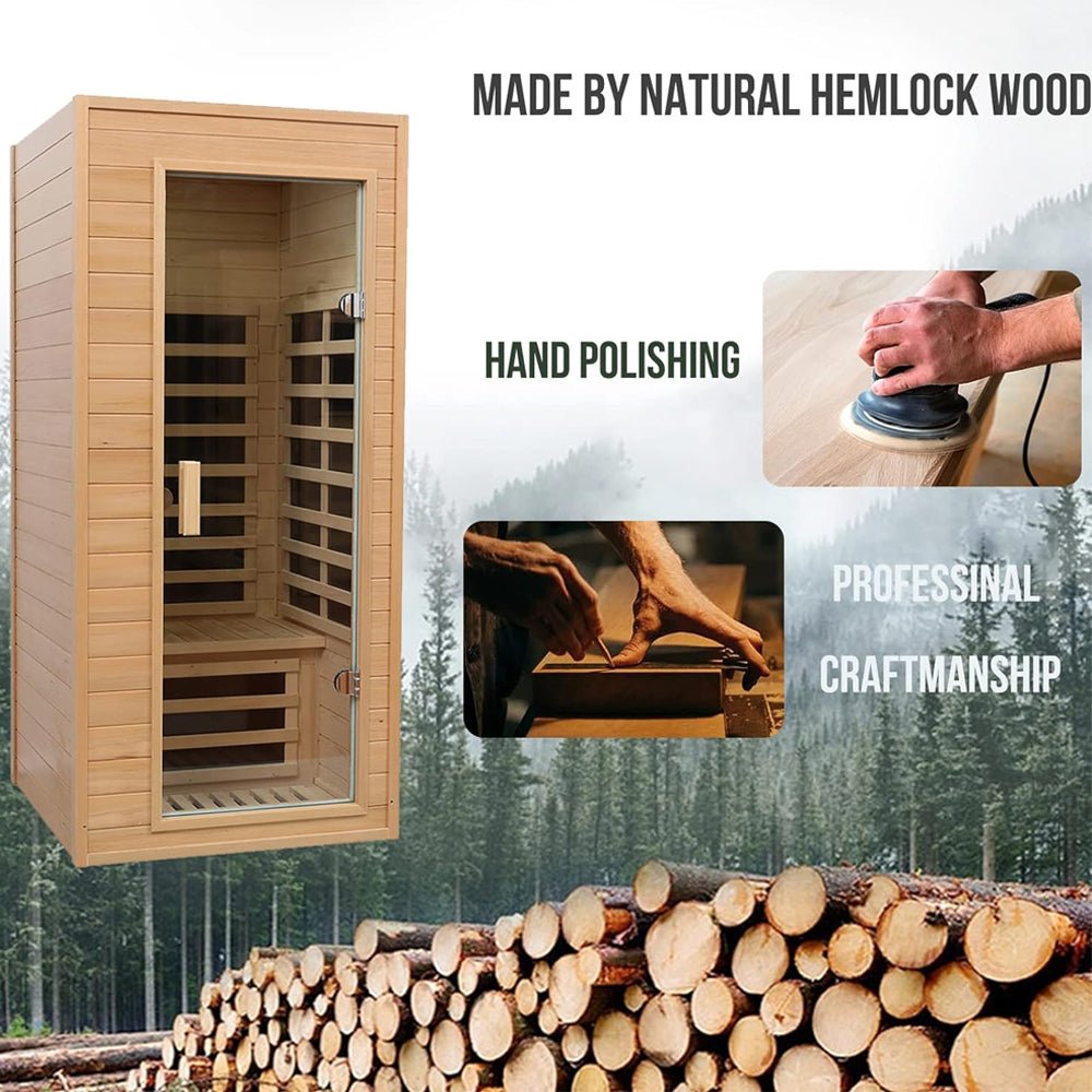 Thermora Premium 1-Person Indoor Low EMF FAR Infrared Heat Hemlock Wood Personal Home Spa Sauna, 1200W (SAK27463)