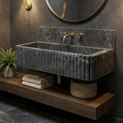 Black Marble Wall Mount Bathroom Sink Ribbed Design With 4 Inch Stone Backsplash