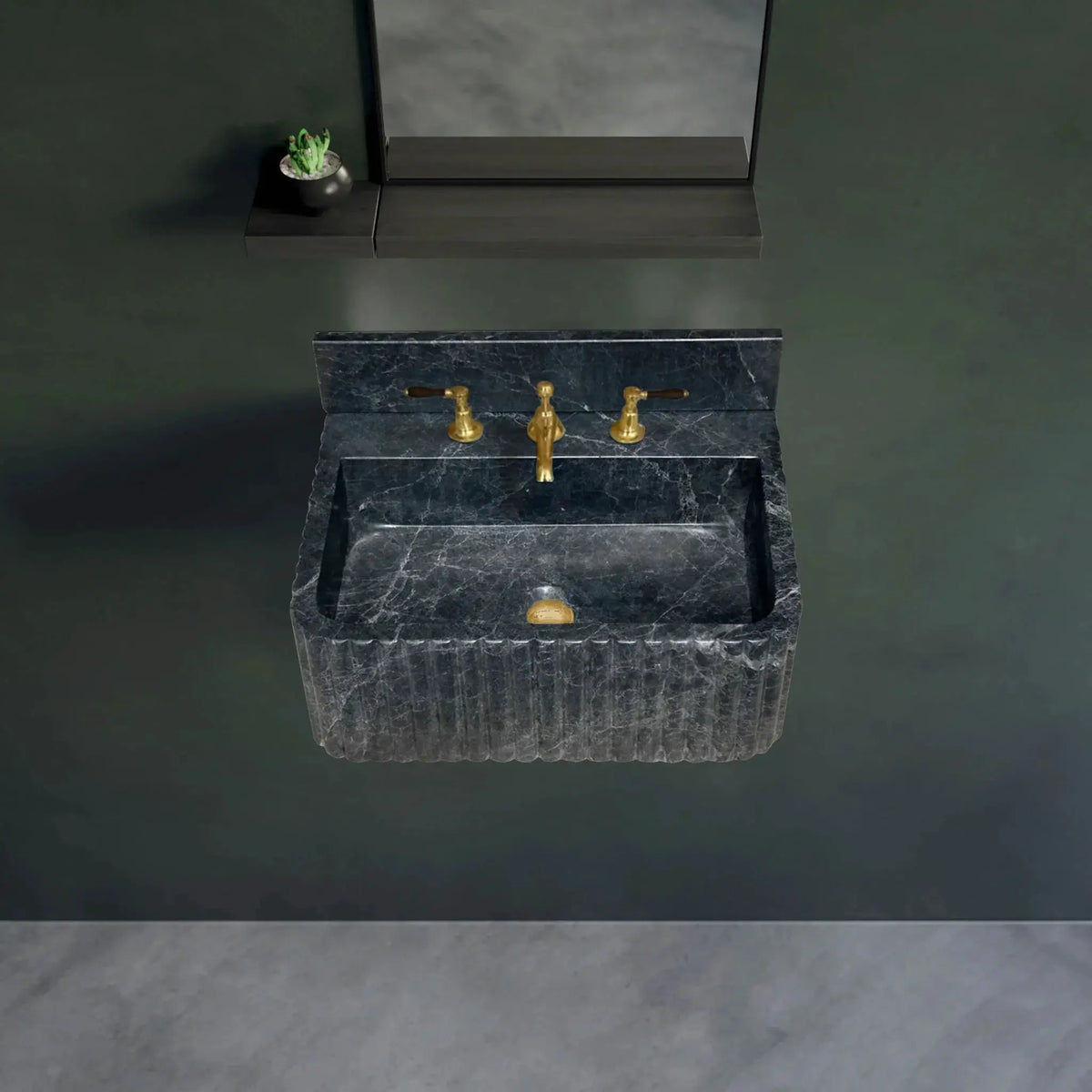 Hand Carved Black Marble Wall Mount Bathroom Sink