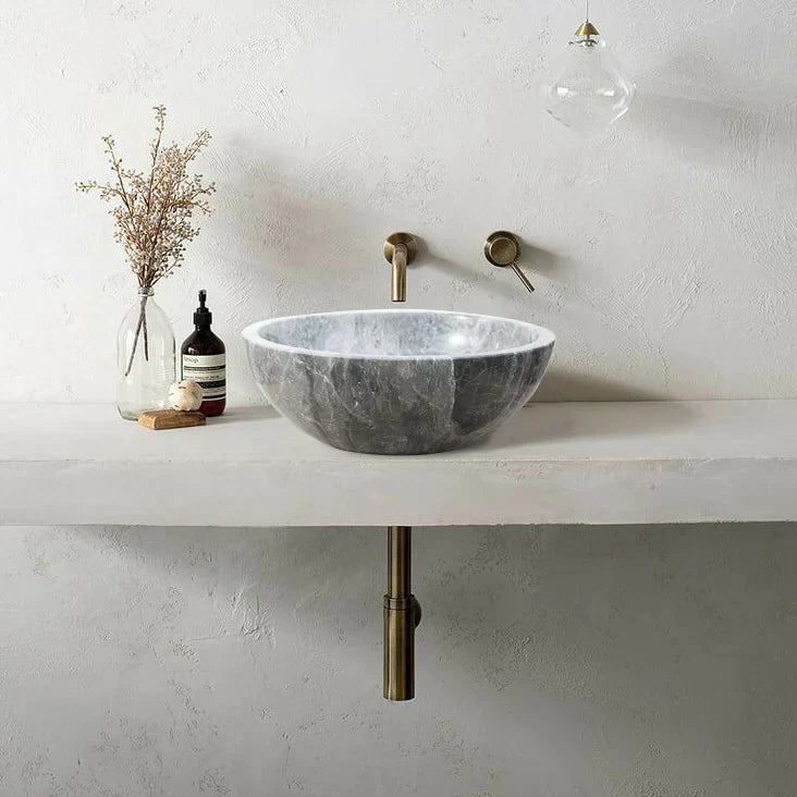 Gray Marble Polished Vessel Bathroom Sink Above Counter Natural Stone