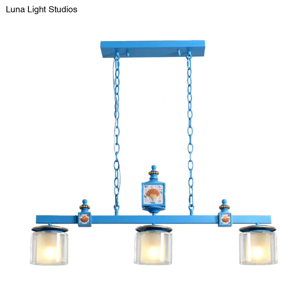 DecorBites™ Sky Blue Dual Cylinder Parlor Island Pendant Lamp with Clear and Frosted Glass - 3 Bulbs