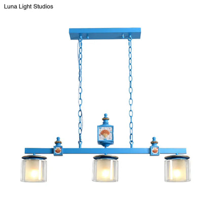 DecorBites™ Sky Blue Dual Cylinder Parlor Island Pendant Lamp with Clear and Frosted Glass - 3 Bulbs