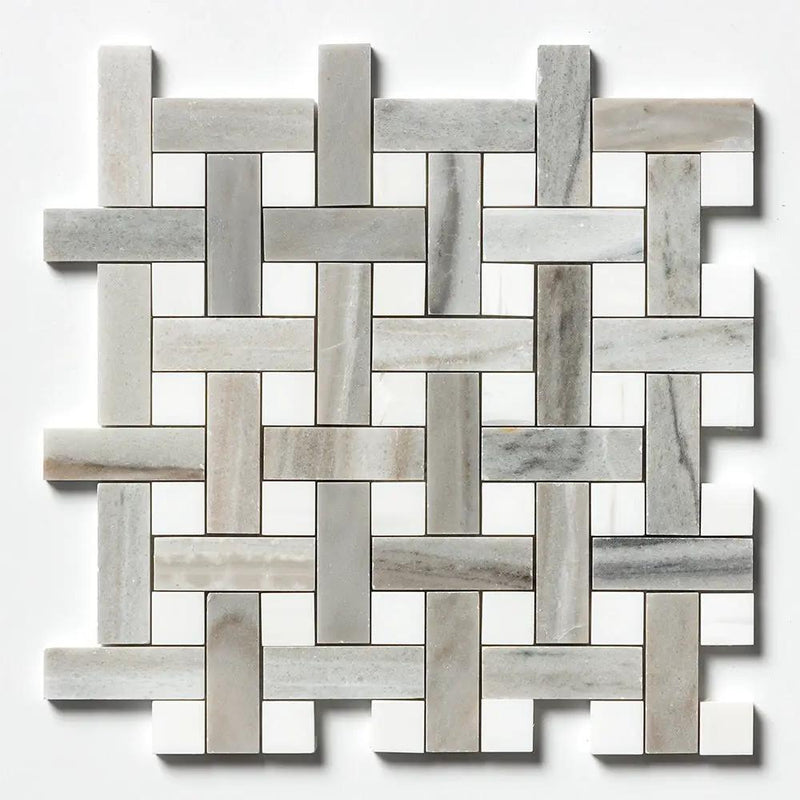 Silver Sky Polished Basket Weave 1x3 Marble Mosaics 12x12
