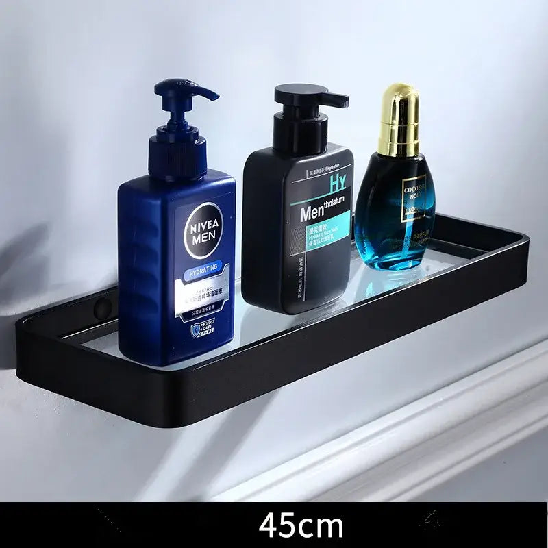Sleek black aluminum glass shelf bathroom storage rack