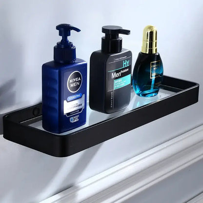 Sleek black aluminum glass shelf bathroom storage rack