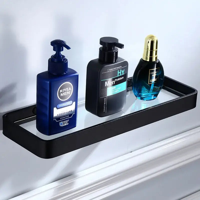 Sleek black aluminum glass shelf bathroom storage rack