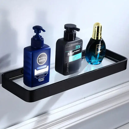 Sleek black aluminum glass shelf bathroom storage rack