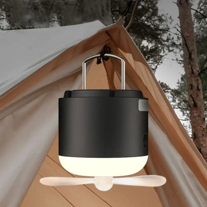 Sleek black & cream rechargeable led camping lantern with fan