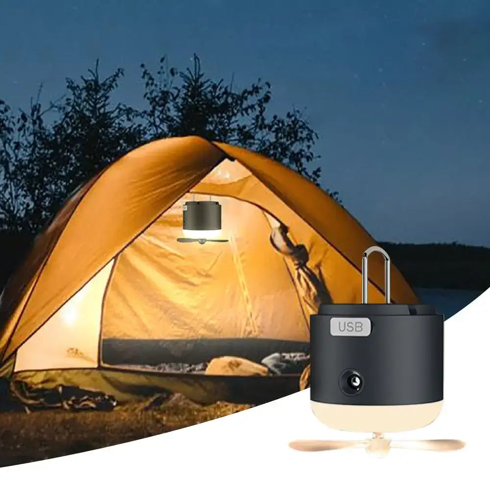 Sleek black & cream rechargeable led camping lantern with fan