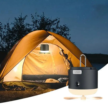 Sleek black & cream rechargeable led camping lantern with fan