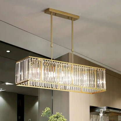 DecorBites™ Sleek Dining Room Crystal Chandelier - Rectangle Prismatic Design - 4 Bulb Island Pendant Light