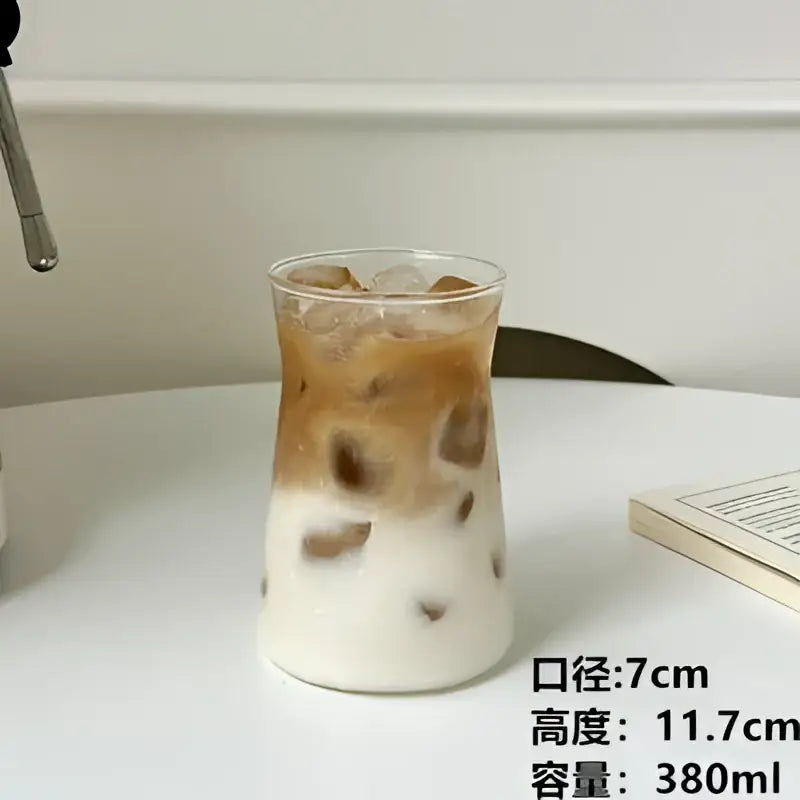 Sleek glass iced latte coffee cup with wood band kitchen tumbler
