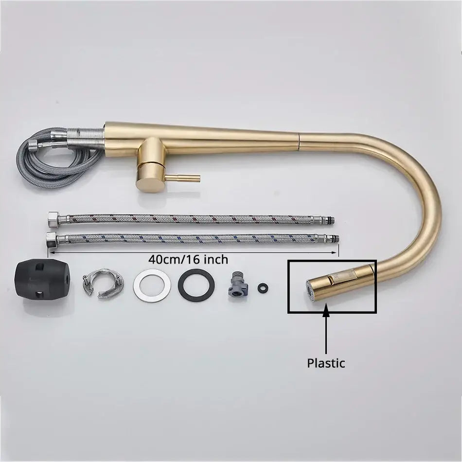 Sleek gold swivel kitchen faucet with pull down sprayer