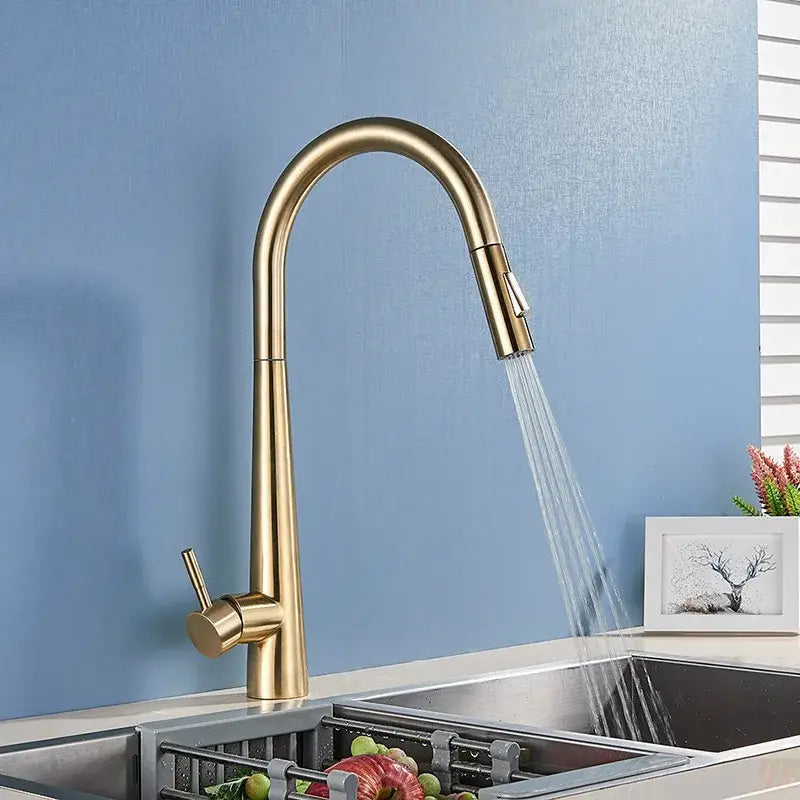 Sleek gold swivel kitchen faucet with pull down sprayer