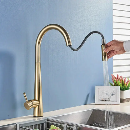 Sleek gold swivel kitchen faucet with pull down sprayer