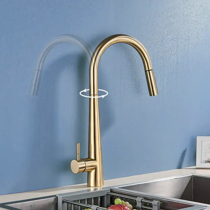 Sleek gold swivel kitchen faucet with pull down sprayer
