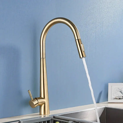 Sleek gold swivel kitchen faucet with pull down sprayer