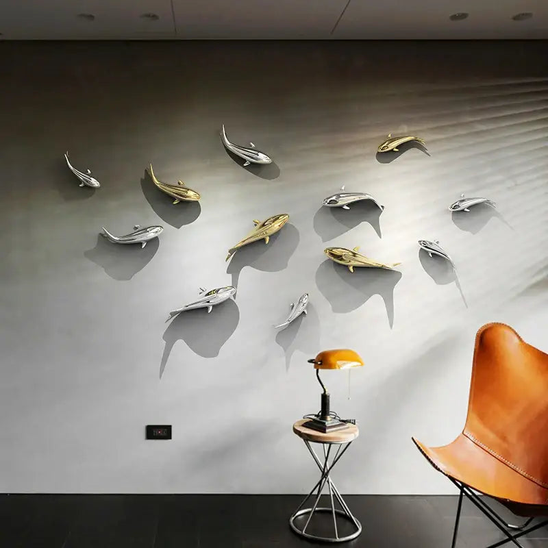 Sleek goldfish resin wall hanging living room gold decor