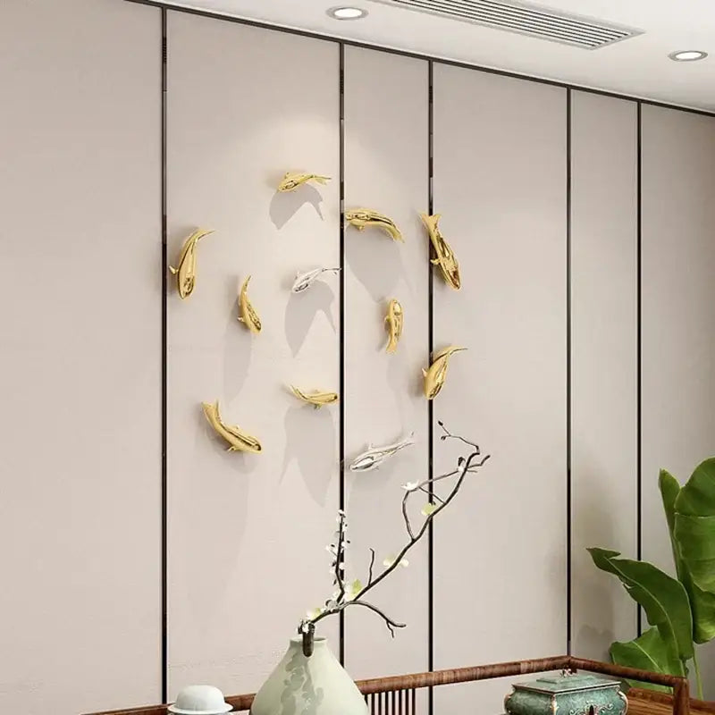 Sleek goldfish resin wall hanging living room gold decor