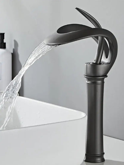 Sleek matte black brass waterfall basin faucet for bathroom