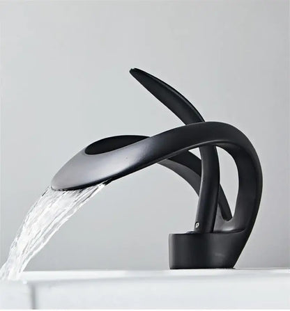 Sleek matte black brass waterfall basin faucet for bathroom