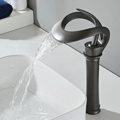 Sleek matte black brass waterfall basin faucet for bathroom