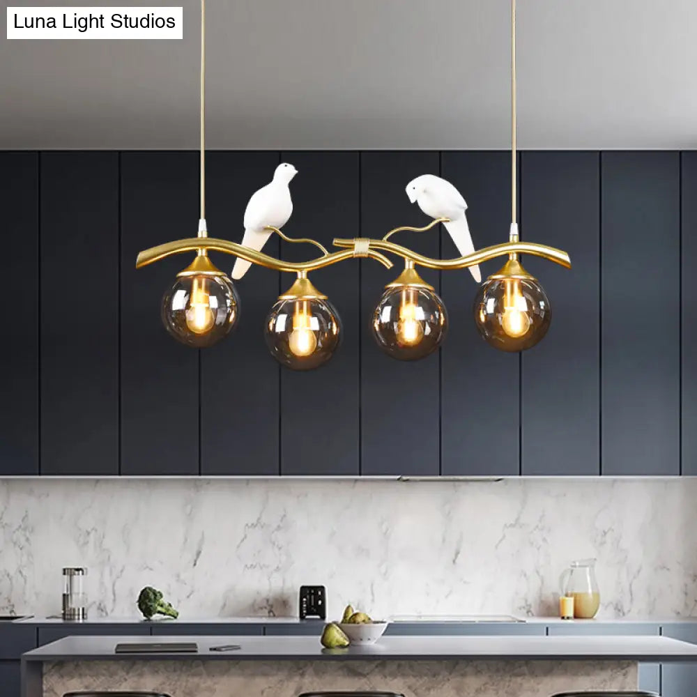 DecorBites™ Sleek Postmodern Glass Pendant Light with Twig and Bird Deco - 4-Bulb Ceiling Hanging Fixture