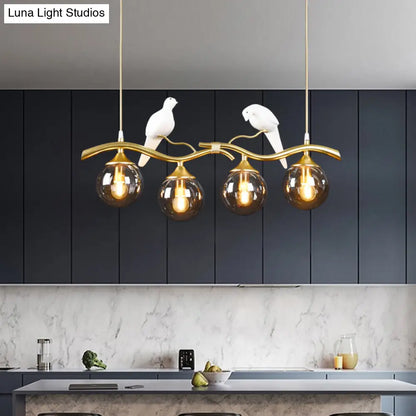 DecorBites™ Sleek Postmodern Glass Pendant Light with Twig and Bird Deco - 4-Bulb Ceiling Hanging Fixture