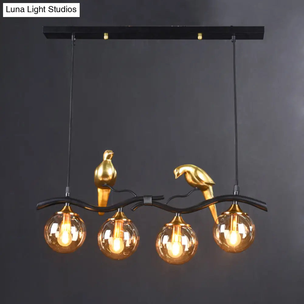 DecorBites™ Sleek Postmodern Glass Pendant Light with Twig and Bird Deco - 4-Bulb Ceiling Hanging Fixture