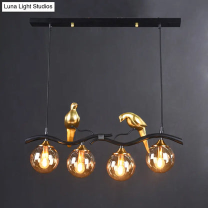 DecorBites™ Sleek Postmodern Glass Pendant Light with Twig and Bird Deco - 4-Bulb Ceiling Hanging Fixture