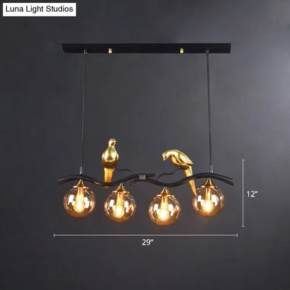 DecorBites™ Sleek Postmodern Glass Pendant Light with Twig and Bird Deco - 4-Bulb Ceiling Hanging Fixture