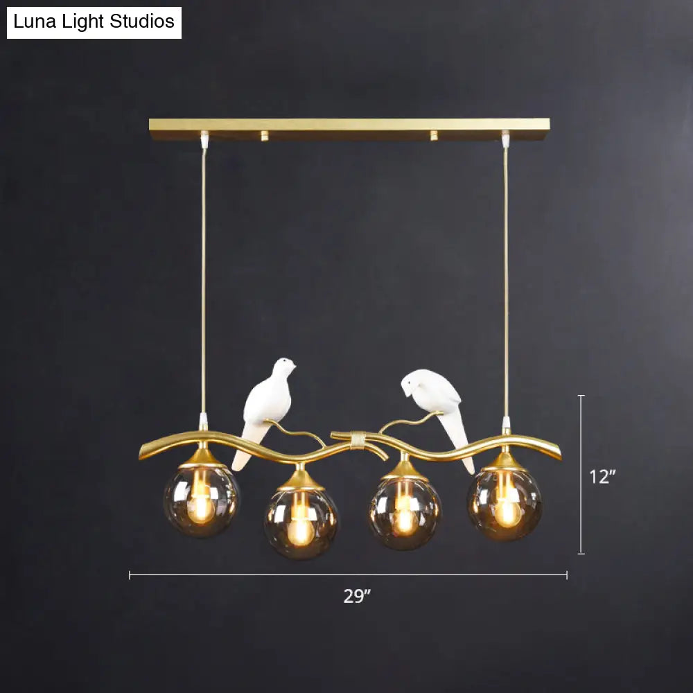 DecorBites™ Sleek Postmodern Glass Pendant Light with Twig and Bird Deco - 4-Bulb Ceiling Hanging Fixture