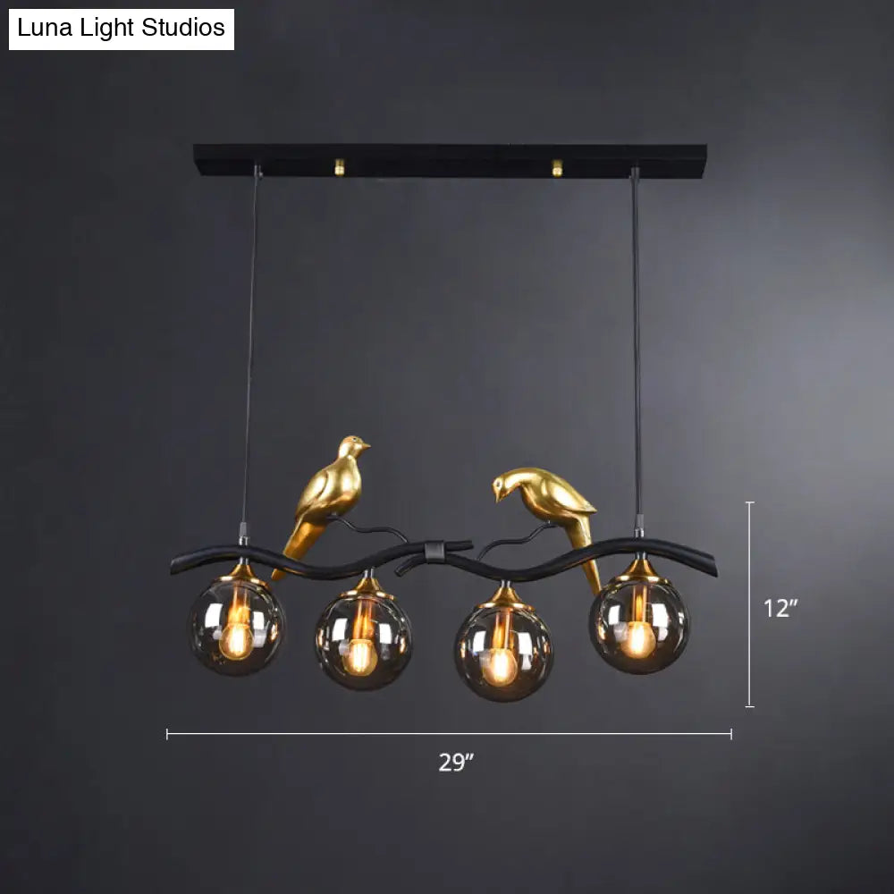 DecorBites™ Sleek Postmodern Glass Pendant Light with Twig and Bird Deco - 4-Bulb Ceiling Hanging Fixture