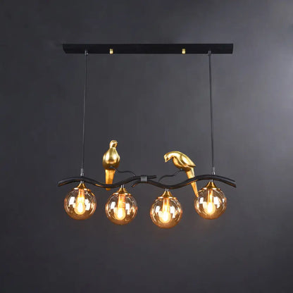 DecorBites™ Sleek Postmodern Glass Pendant Light with Twig and Bird Deco - 4-Bulb Ceiling Hanging Fixture