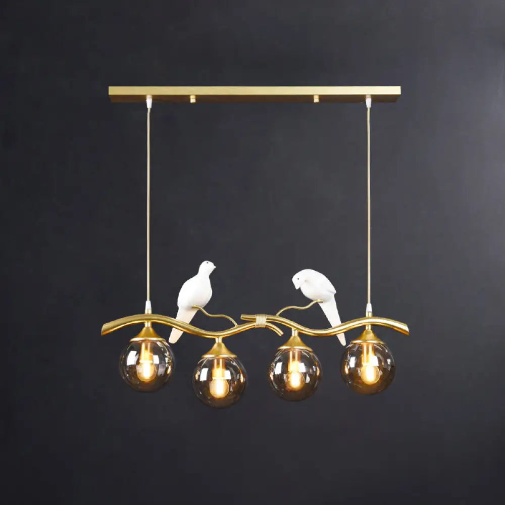 DecorBites™ Sleek Postmodern Glass Pendant Light with Twig and Bird Deco - 4-Bulb Ceiling Hanging Fixture