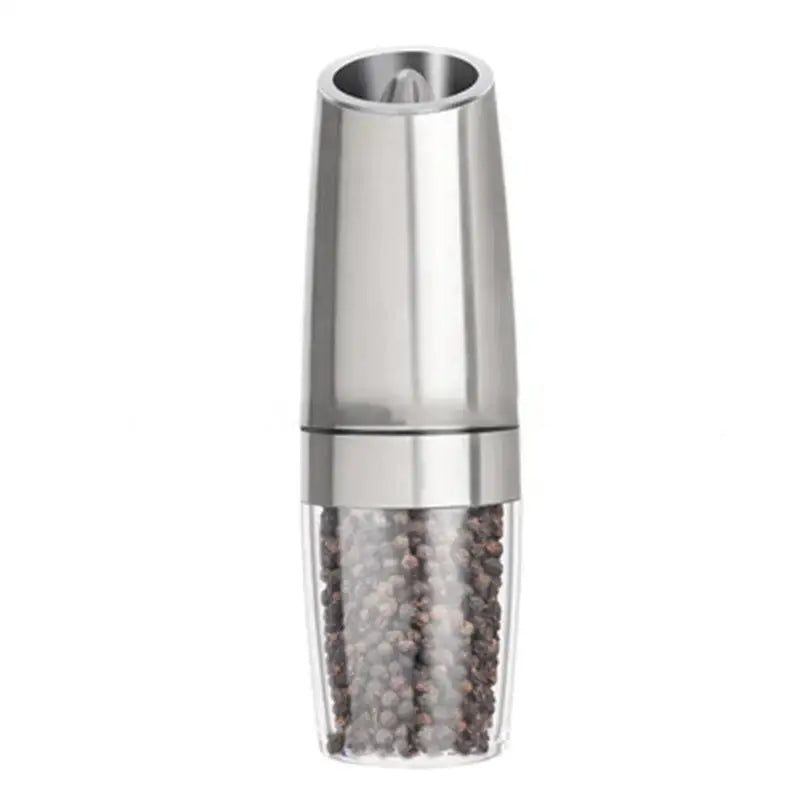 Sleek silver electric pepper and salt grinder set for kitchen