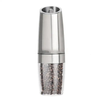 Sleek silver electric pepper and salt grinder set for kitchen