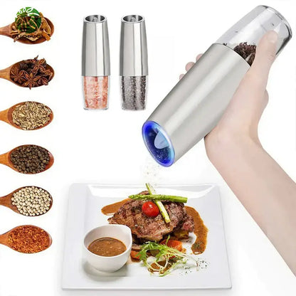 Sleek silver electric pepper and salt grinder set for kitchen