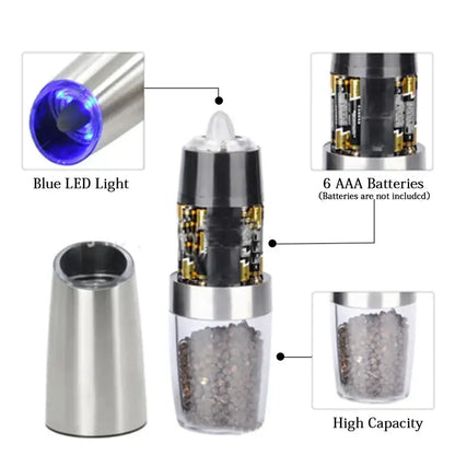 Sleek silver electric pepper and salt grinder set for kitchen