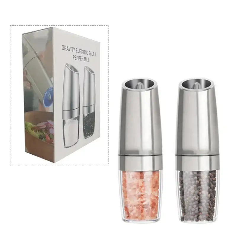 Sleek silver electric pepper and salt grinder set for kitchen