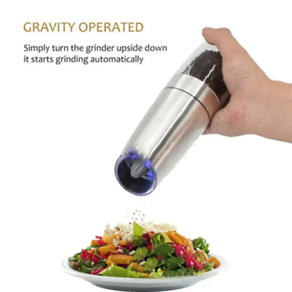 Sleek silver electric pepper and salt grinder set for kitchen