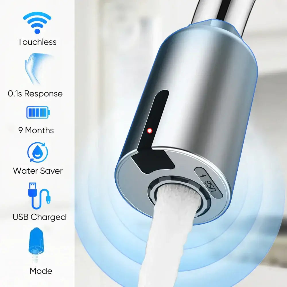Sleek silver touchless kitchen faucet sensor usb charging adapter