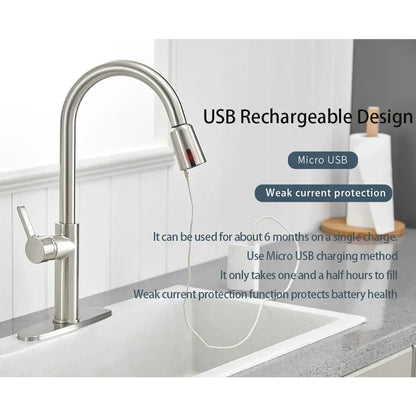 Sleek silver touchless kitchen faucet sensor usb charging adapter