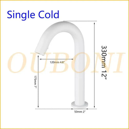 Sleek white automatic sensor bathroom faucet with curved design