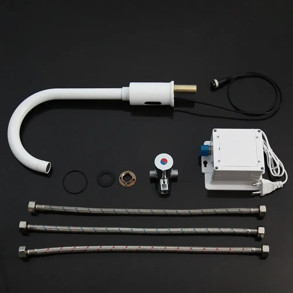 Sleek white automatic sensor bathroom faucet with curved design